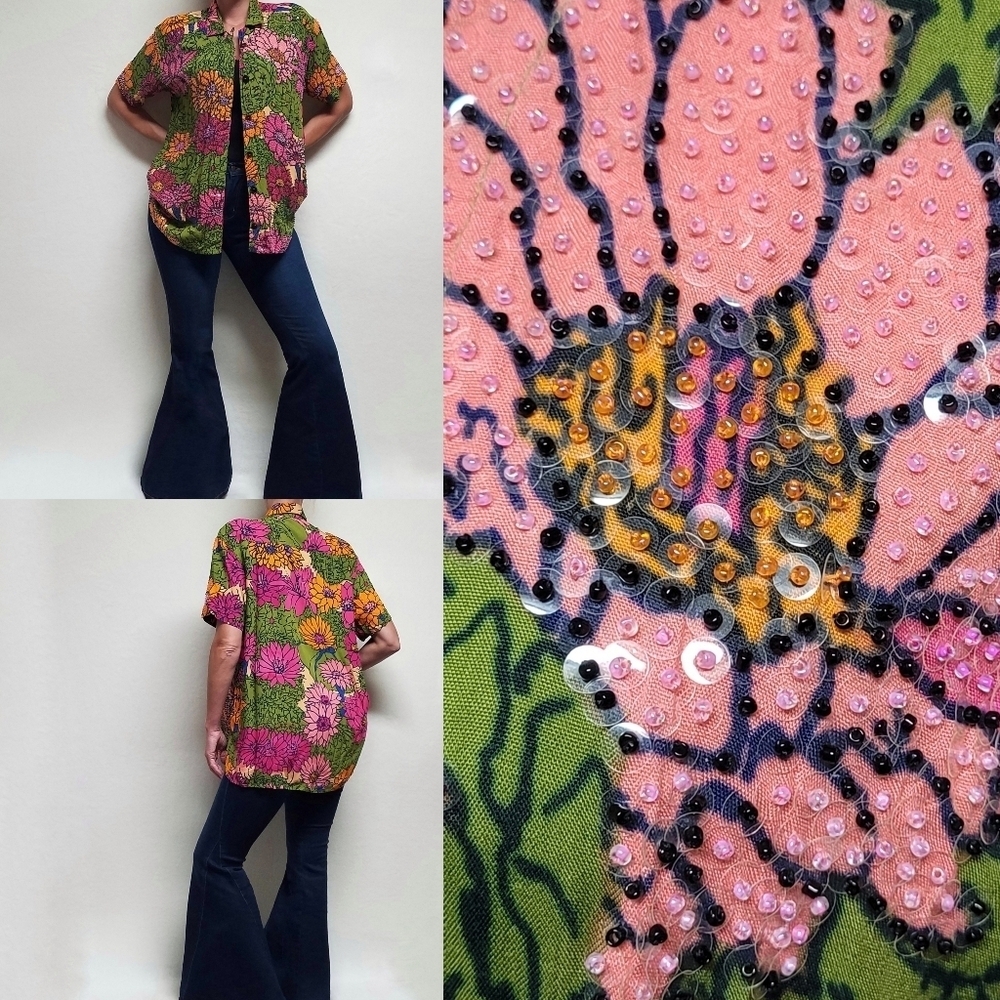 90s Vintage Naga by Milo Tropical Floral Print Sequin Beaded Oversized Shirt S